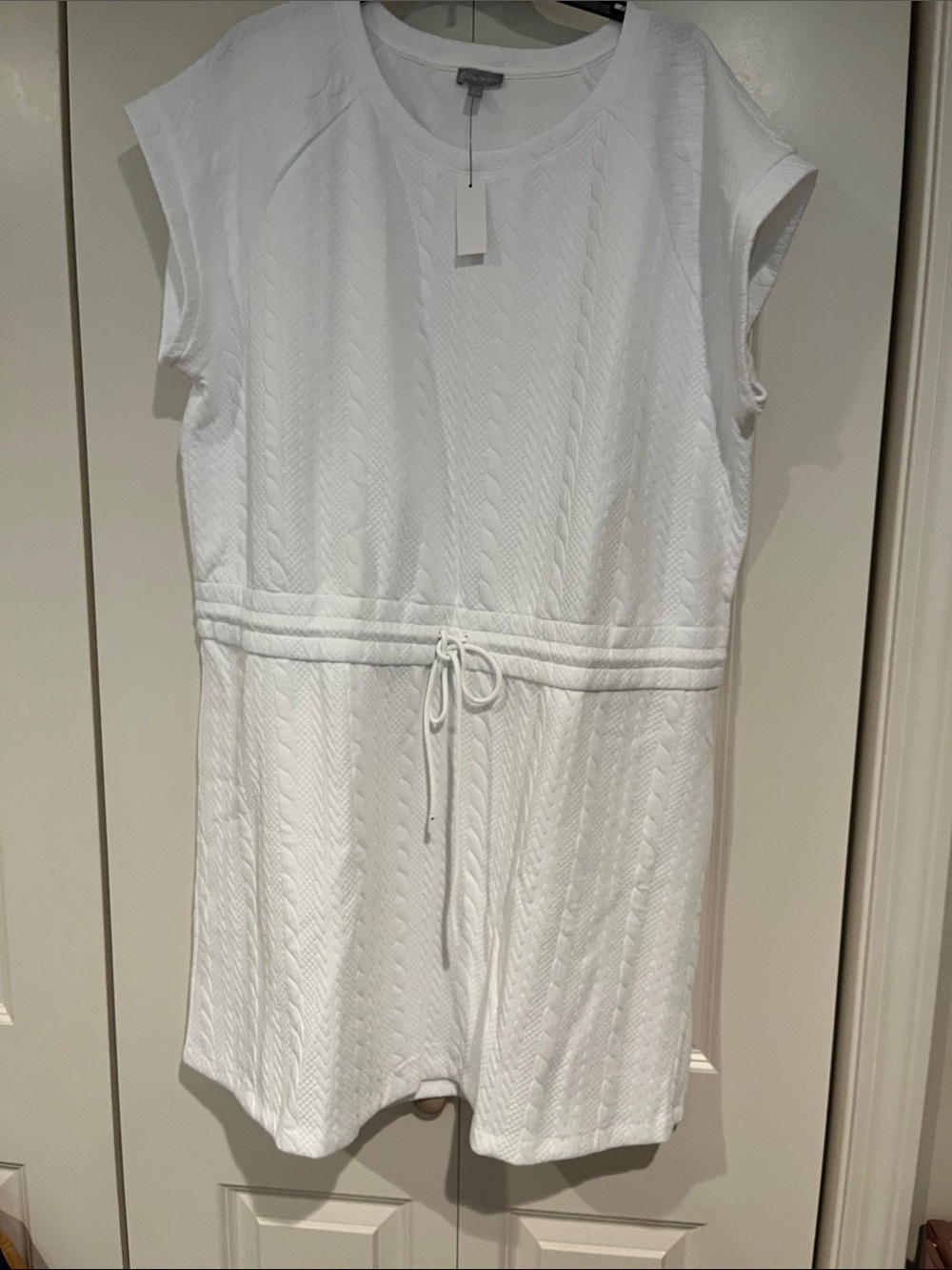 Talbots White Textured Drawstring Waist Dress
